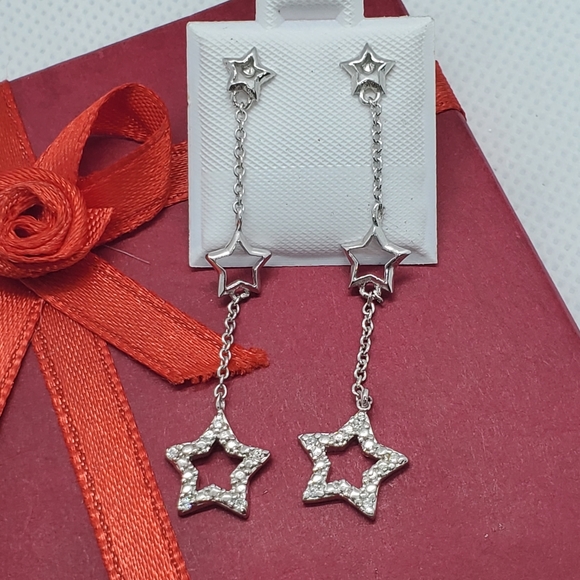 Silver 925 Stars CZ Wire Dangling Stud Earrings - Picture 3 of 6